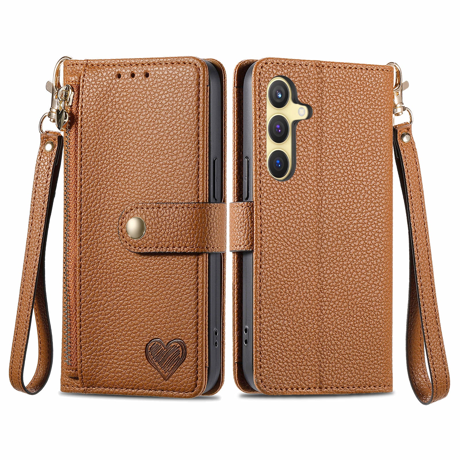 For Samsung Galaxy S24+ Leather Case RFID Blocking Zipper Walet Phone Cover - Brown