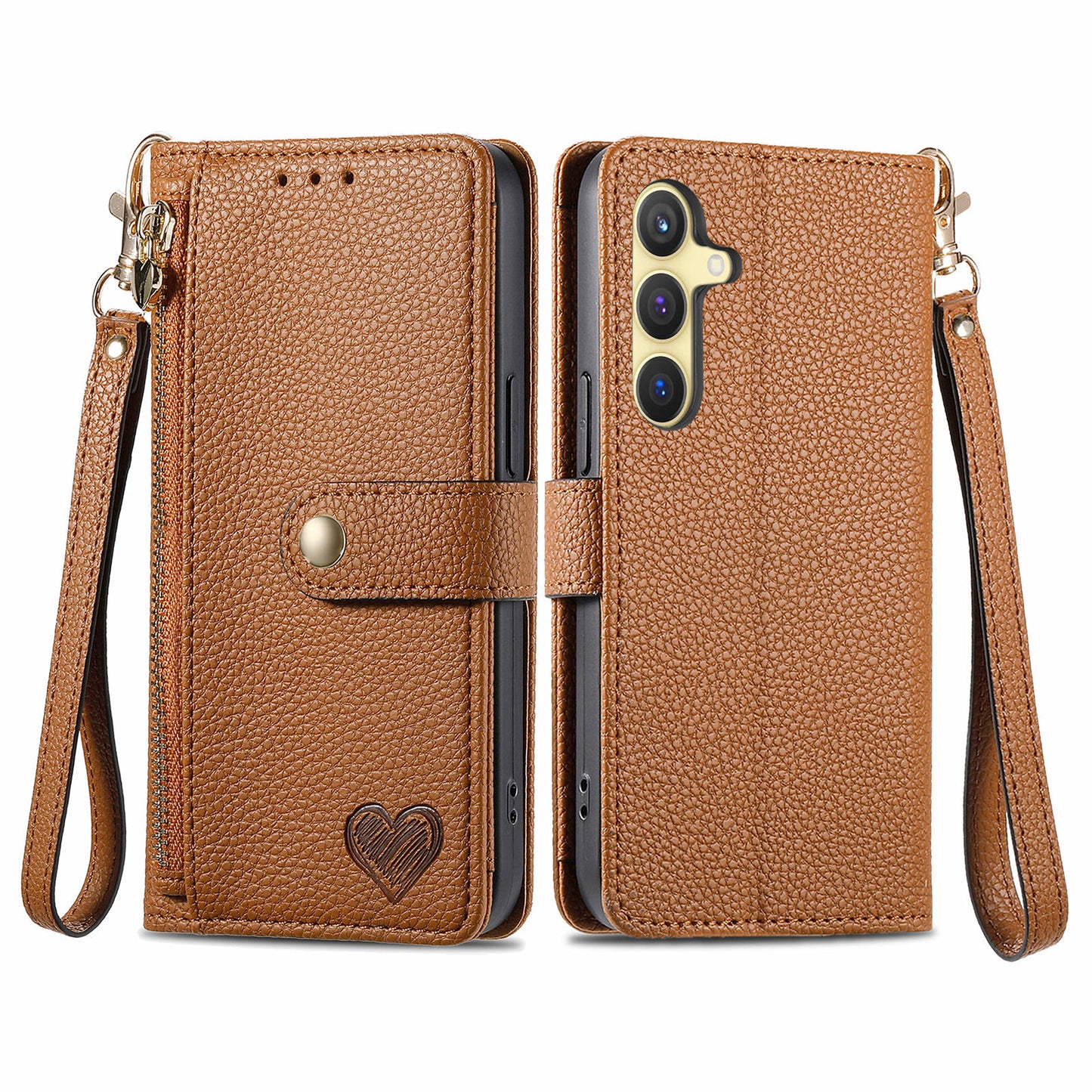 For Samsung Galaxy S24+ Leather Case RFID Blocking Zipper Walet Phone Cover - Brown