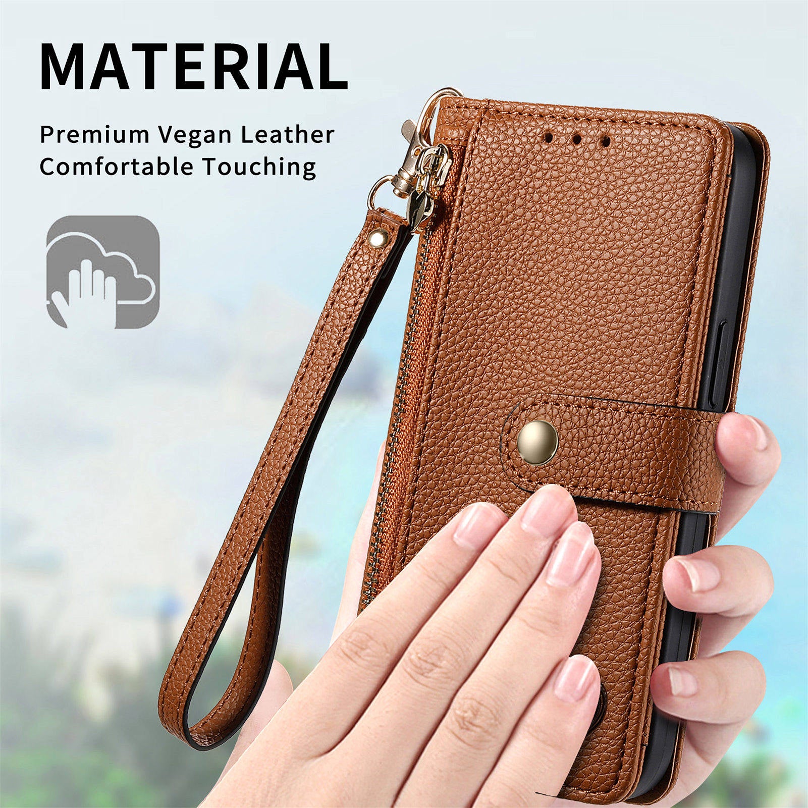 For Samsung Galaxy S24+ Leather Case RFID Blocking Zipper Walet Phone Cover - Brown