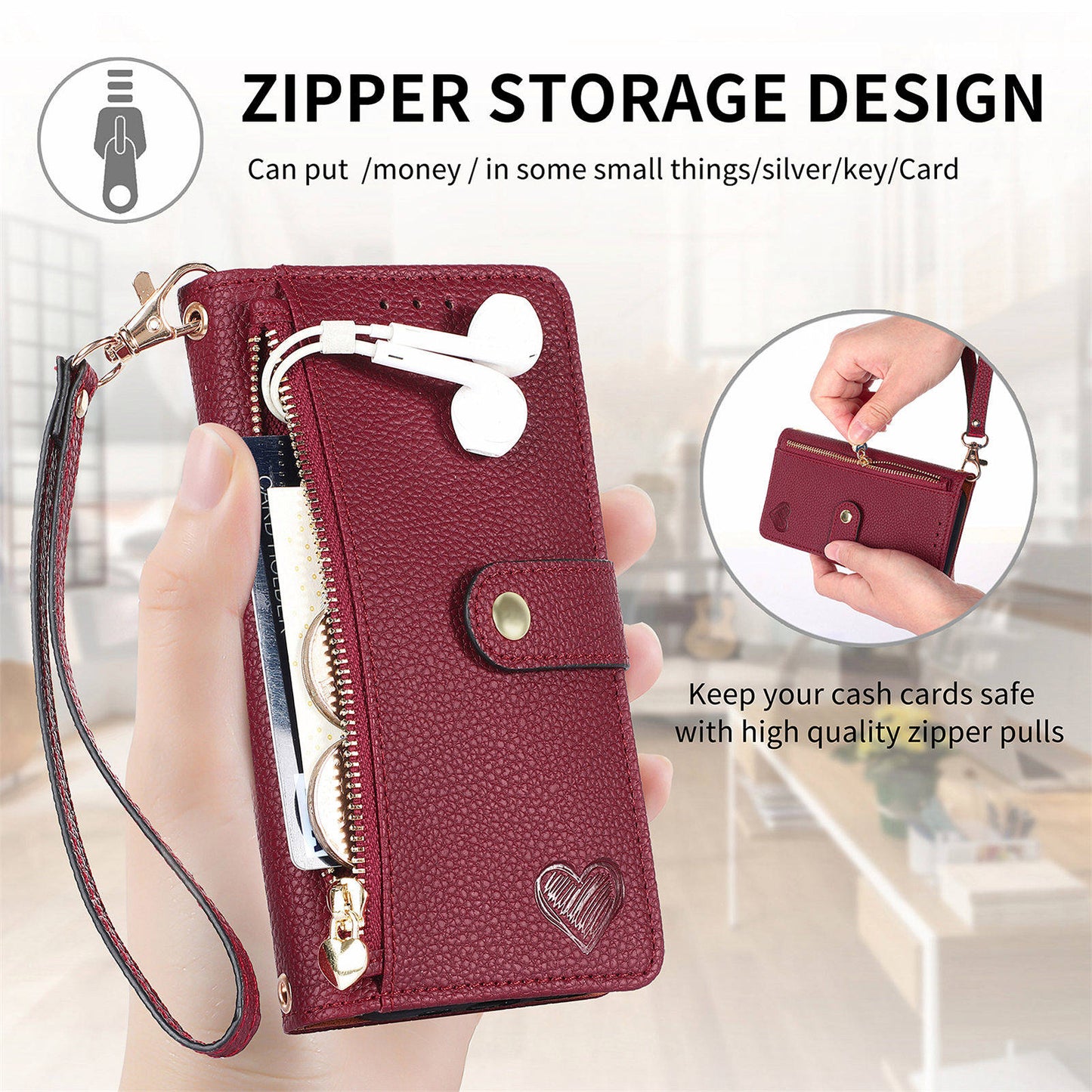 For Samsung Galaxy S24+ Leather Case RFID Blocking Zipper Walet Phone Cover - Red