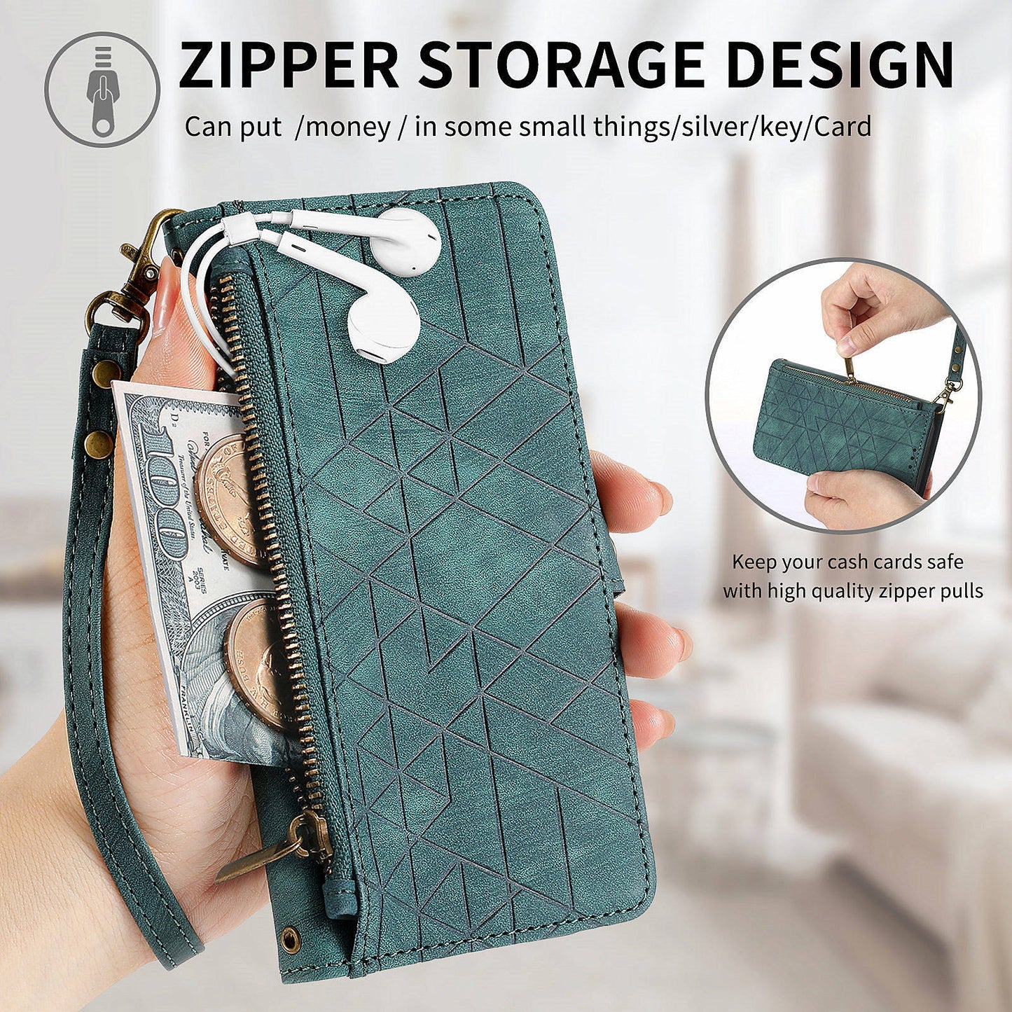 For Motorola Moto G34 5G Leather Case Zipper Pocket Wallet Geometry Phone Cover - Green