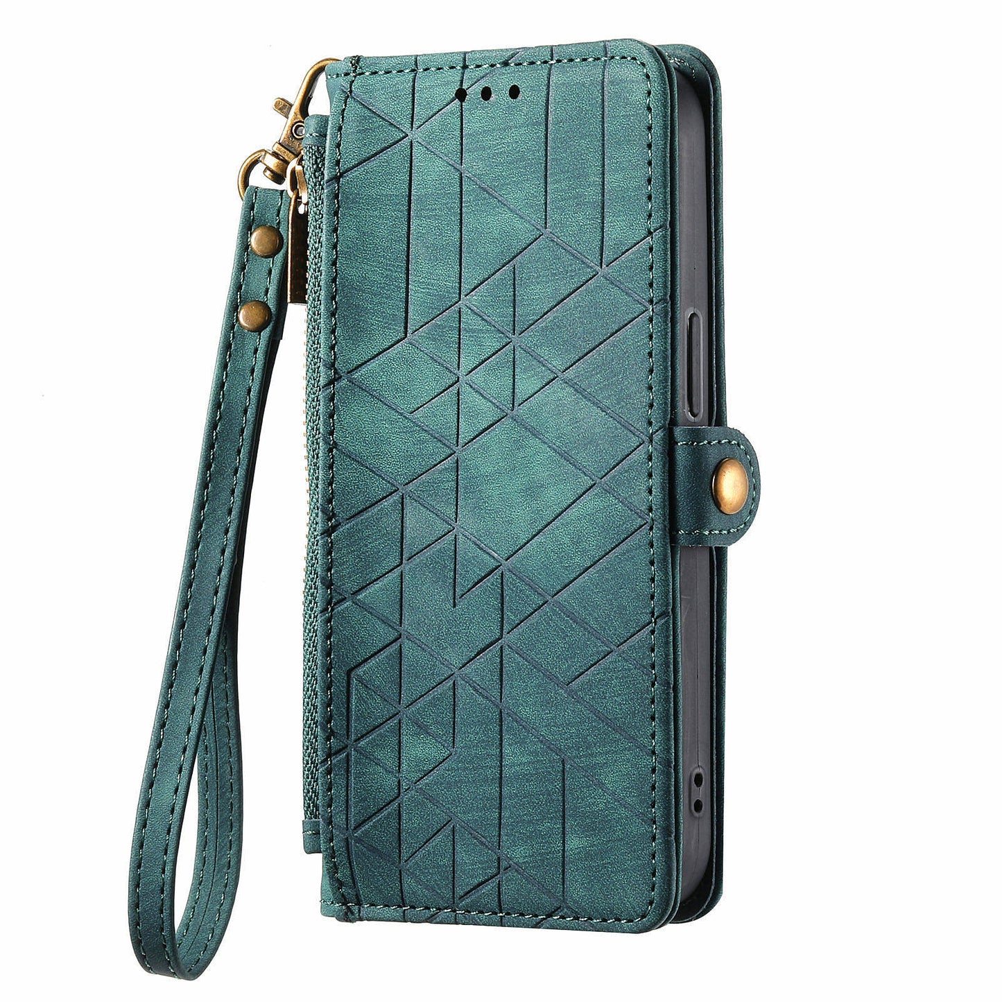 For Motorola Moto G34 5G Leather Case Zipper Pocket Wallet Geometry Phone Cover - Green