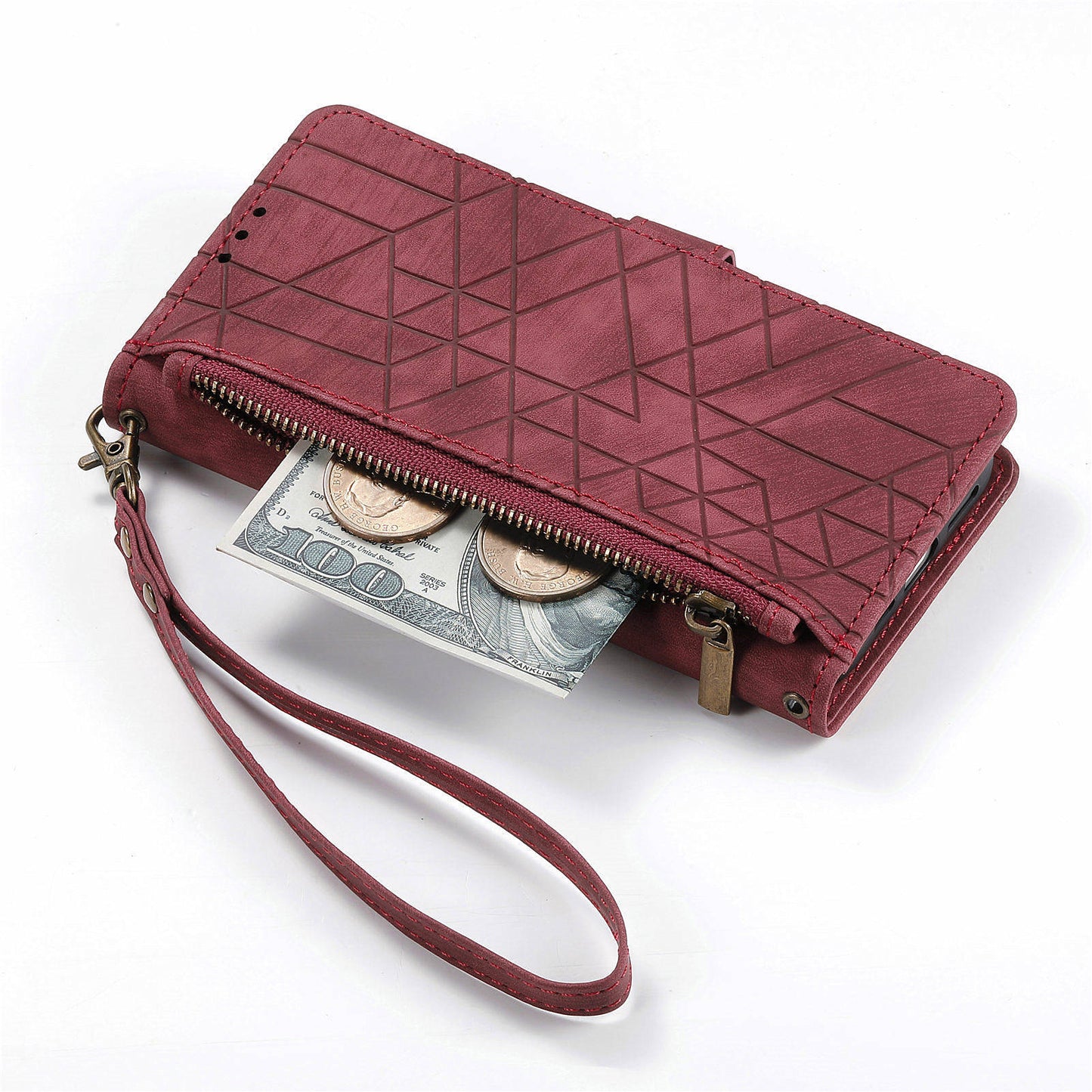 For Motorola Moto G34 5G Leather Case Zipper Pocket Wallet Geometry Phone Cover - Red
