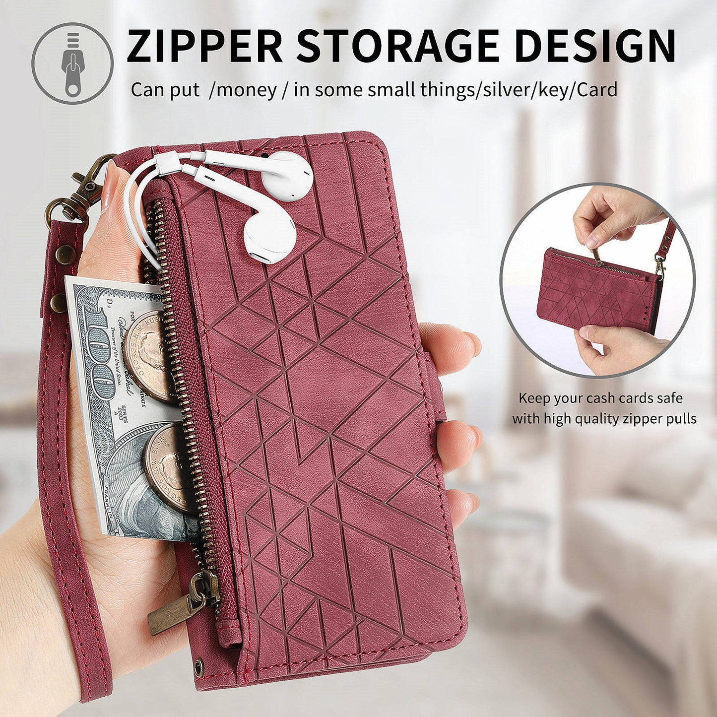 For Motorola Moto G34 5G Leather Case Zipper Pocket Wallet Geometry Phone Cover - Red