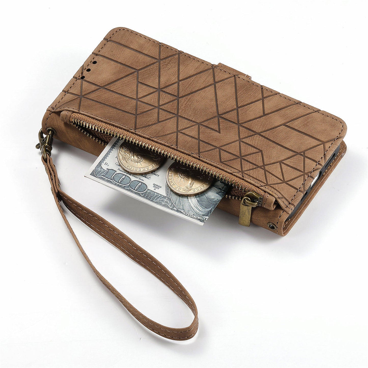 For Motorola Moto G24 4G / G04 4G Wallet Case Zipper Pocket Geometry Leather Phone Cover - Brown