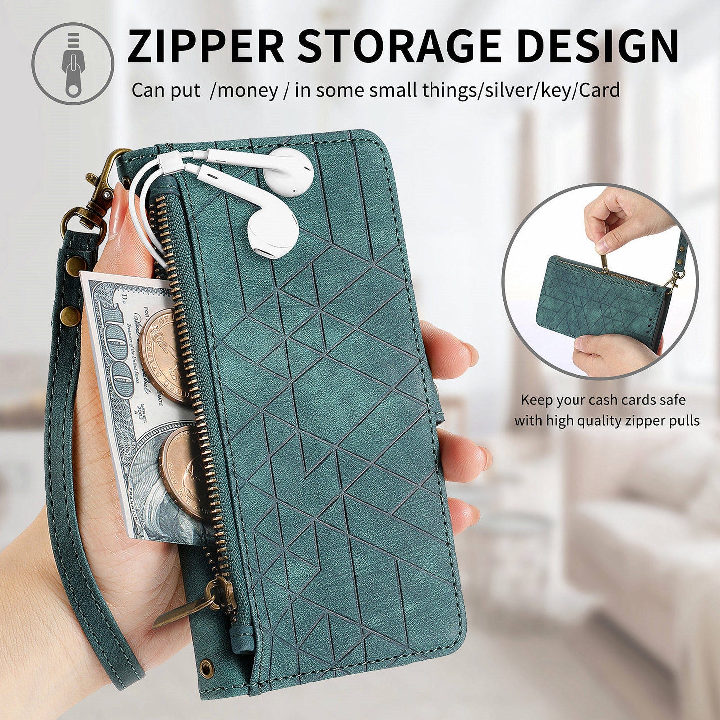 For Motorola Moto G24 4G / G04 4G Wallet Case Zipper Pocket Geometry Leather Phone Cover - Green