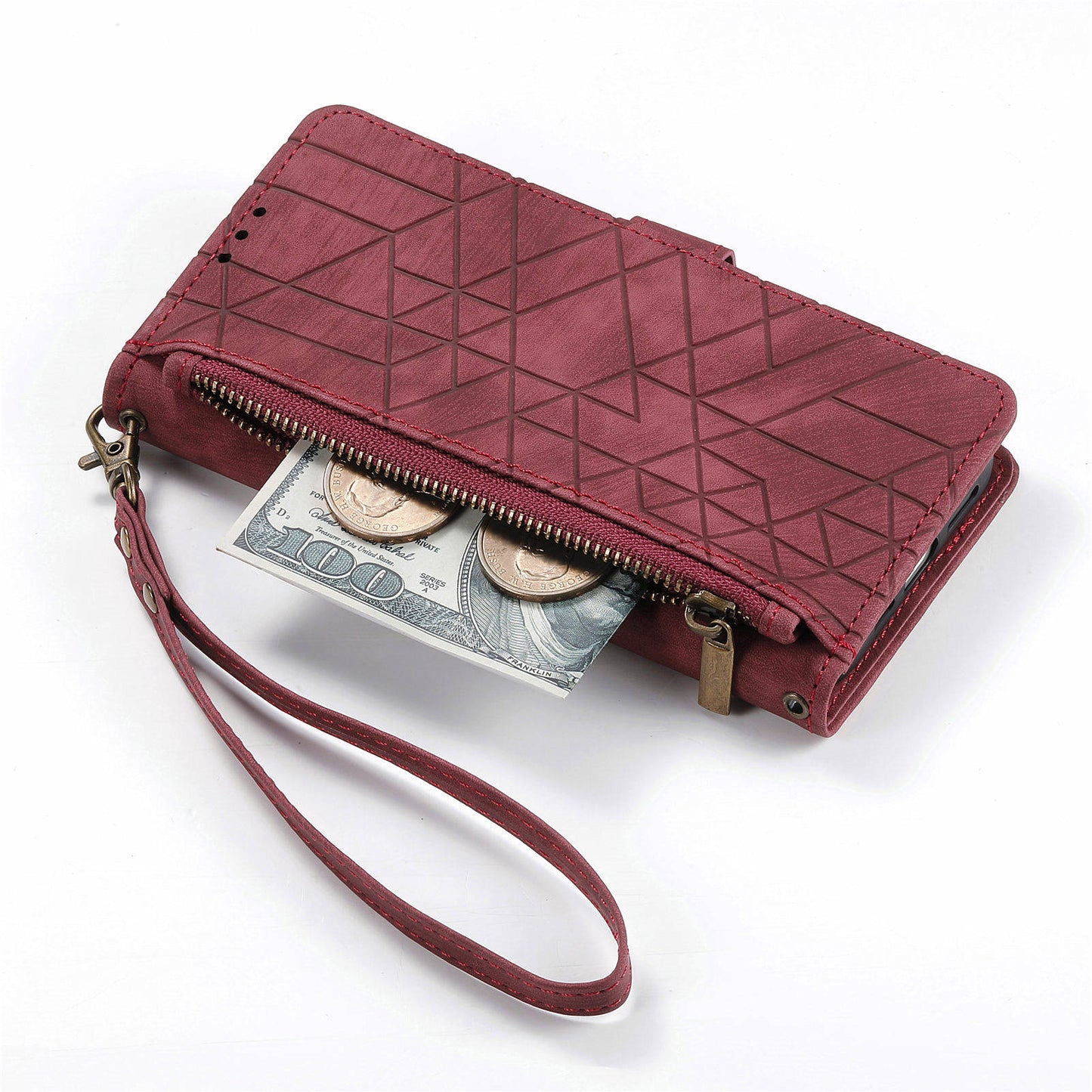 For Motorola Moto G24 4G / G04 4G Wallet Case Zipper Pocket Geometry Leather Phone Cover - Red