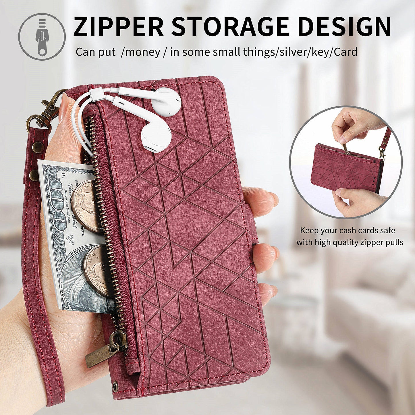 For Motorola Moto G24 4G / G04 4G Wallet Case Zipper Pocket Geometry Leather Phone Cover - Red