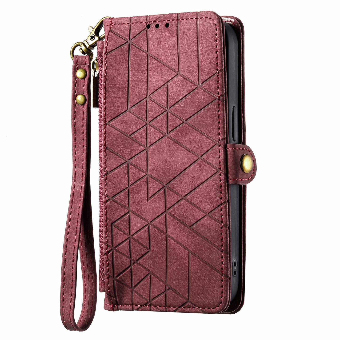 For Motorola Moto G24 4G / G04 4G Wallet Case Zipper Pocket Geometry Leather Phone Cover - Red