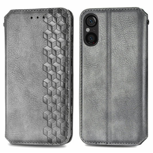 For Sony Xperia 5 V Case Wallet Card Slots Rhombus Leather Phone Cover - Grey