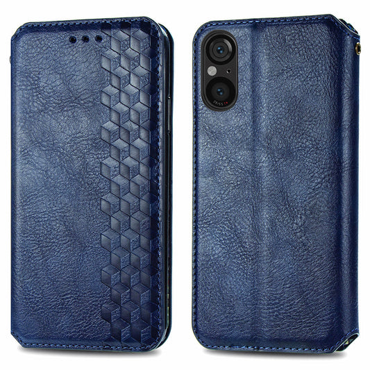 For Sony Xperia 5 V Case Wallet Card Slots Rhombus Leather Phone Cover - Blue