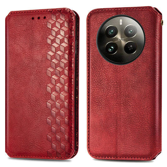 For Realme 12 Pro 5G / 12 Pro+ 5G Case Rhombus Imprinted Leather Phone Wallet Cover - Red