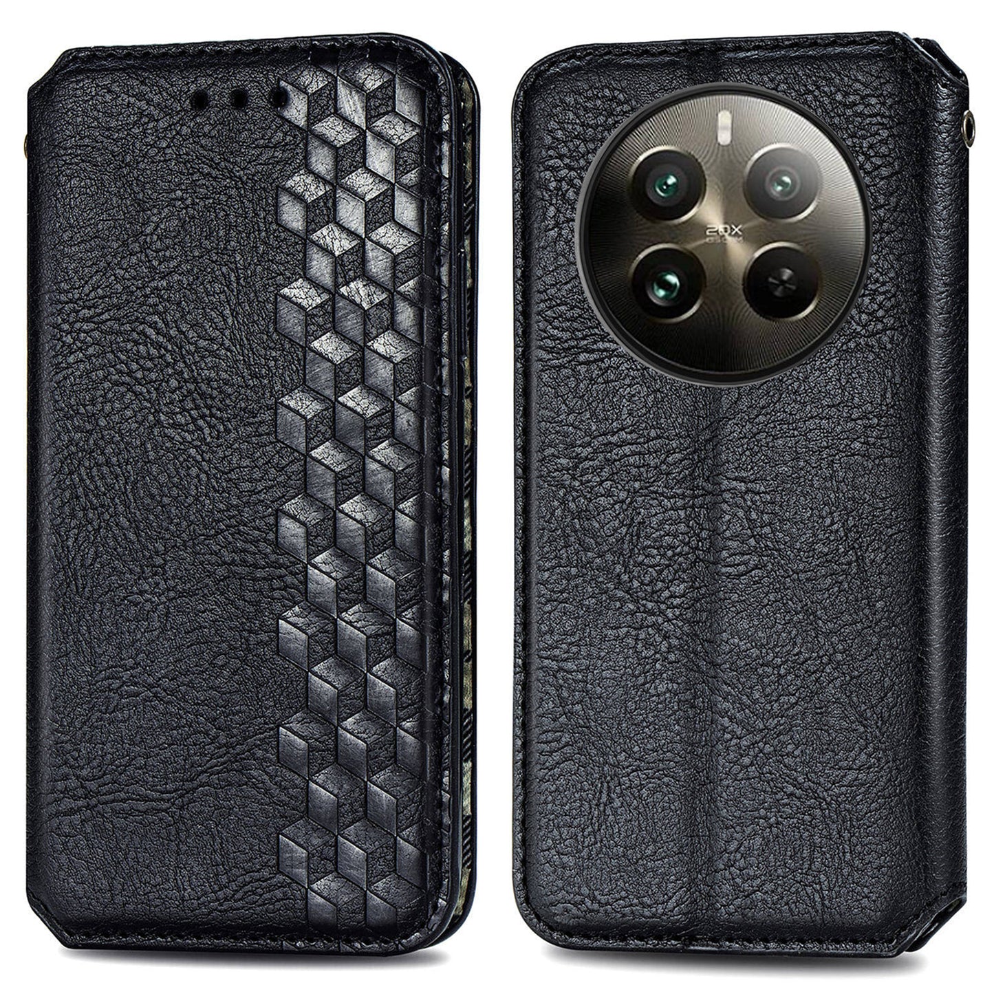 For Realme 12 Pro 5G / 12 Pro+ 5G Case Rhombus Imprinted Leather Phone Wallet Cover - Black