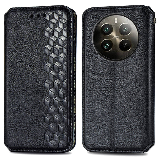 For Realme 12 Pro 5G / 12 Pro+ 5G Case Rhombus Imprinted Leather Phone Wallet Cover - Black