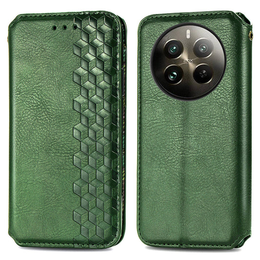 For Realme 12 Pro 5G / 12 Pro+ 5G Case Rhombus Imprinted Leather Phone Wallet Cover - Green