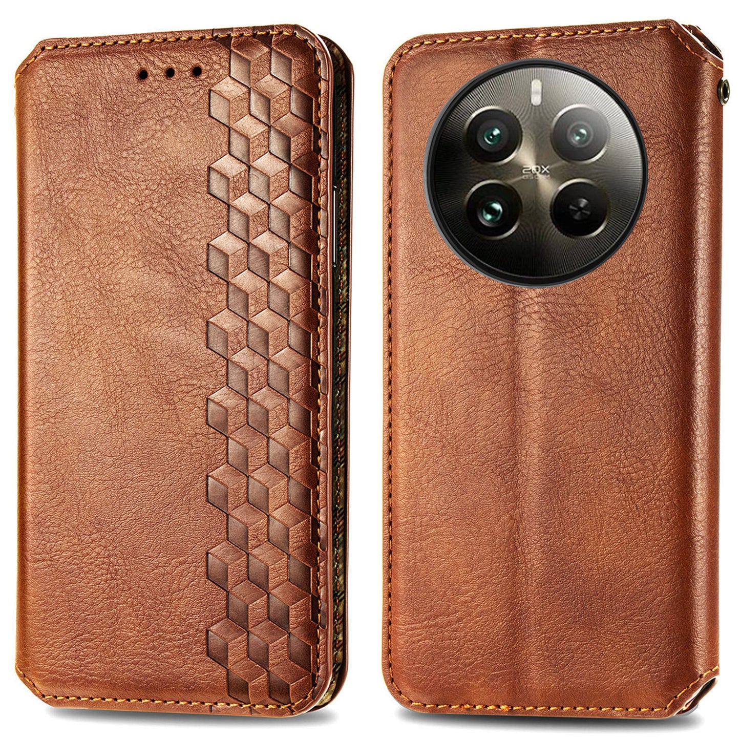 For Realme 12 Pro 5G / 12 Pro+ 5G Case Rhombus Imprinted Leather Phone Wallet Cover - Brown