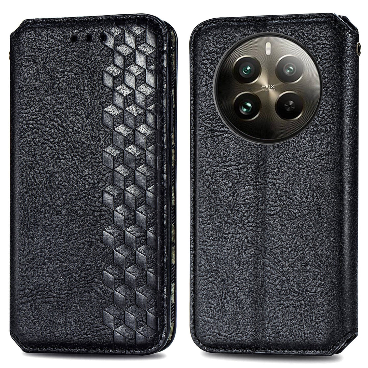 For Realme 12+ 5G Case Stand Wallet Rhombus Leather Phone Cover Magnetic Closing - Black