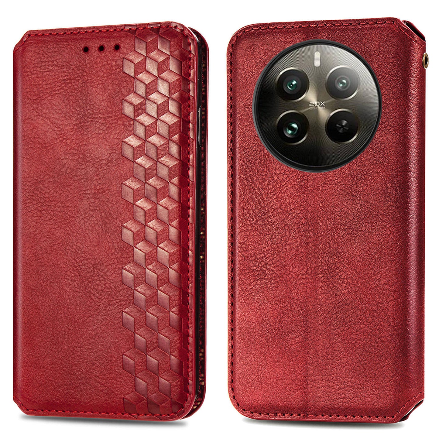 For Realme 12+ 5G Case Stand Wallet Rhombus Leather Phone Cover Magnetic Closing - Red
