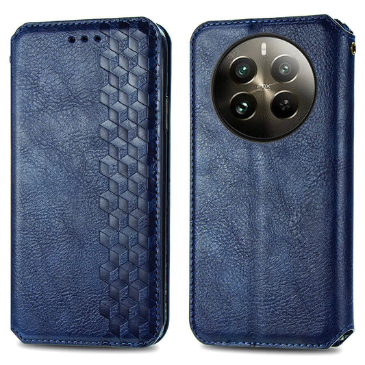 For Realme 12+ 5G Case Stand Wallet Rhombus Leather Phone Cover Magnetic Closing - Blue