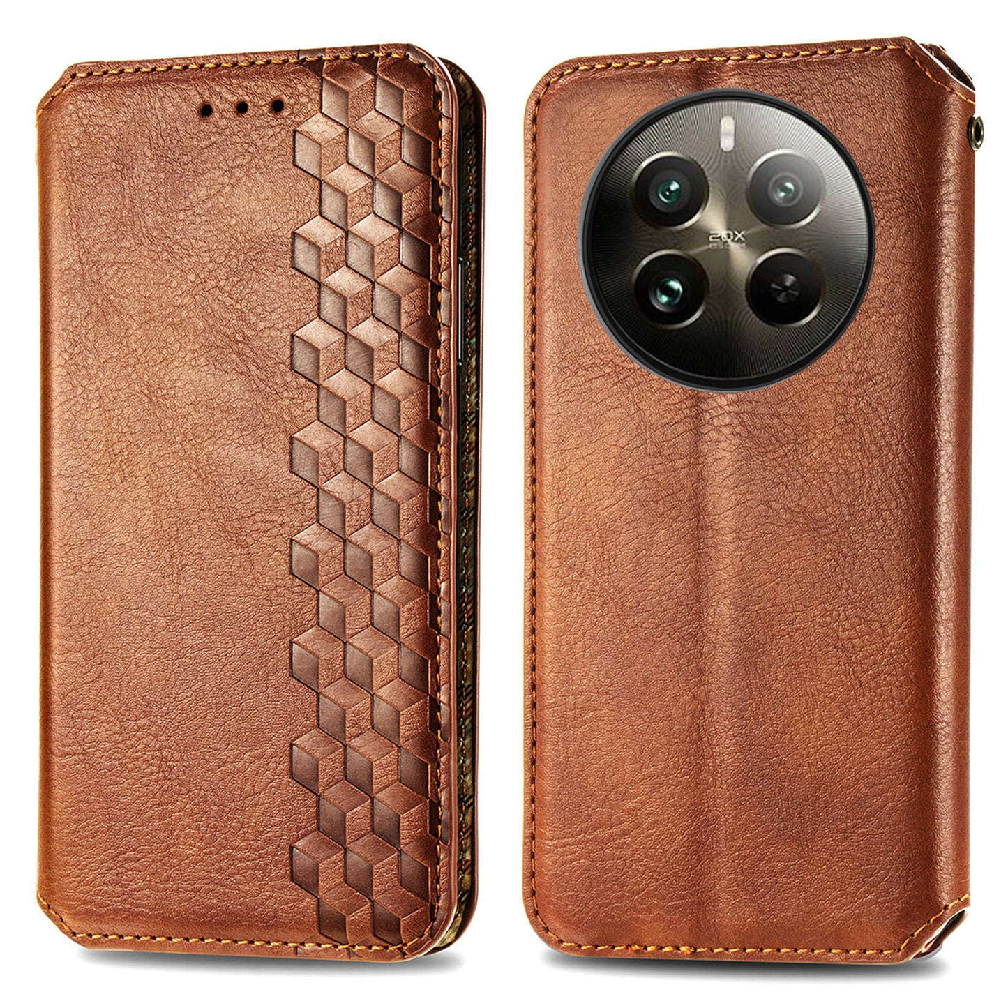 For Realme 12+ 5G Case Stand Wallet Rhombus Leather Phone Cover Magnetic Closing - Brown