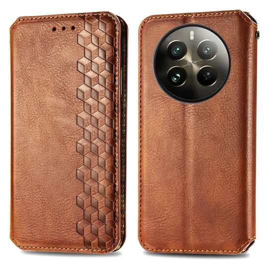 For Realme 12+ 5G Case Stand Wallet Rhombus Leather Phone Cover Magnetic Closing - Brown
