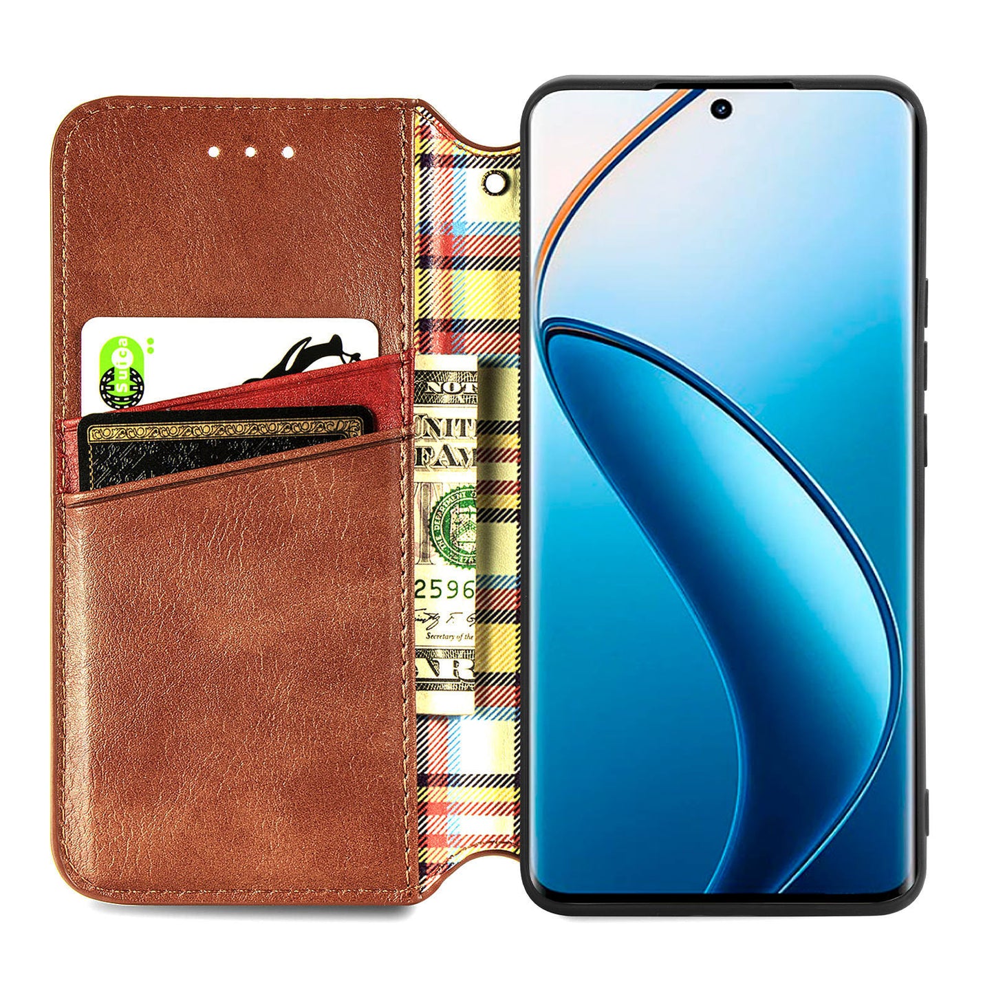 For Realme 12+ 5G Case Stand Wallet Rhombus Leather Phone Cover Magnetic Closing - Brown