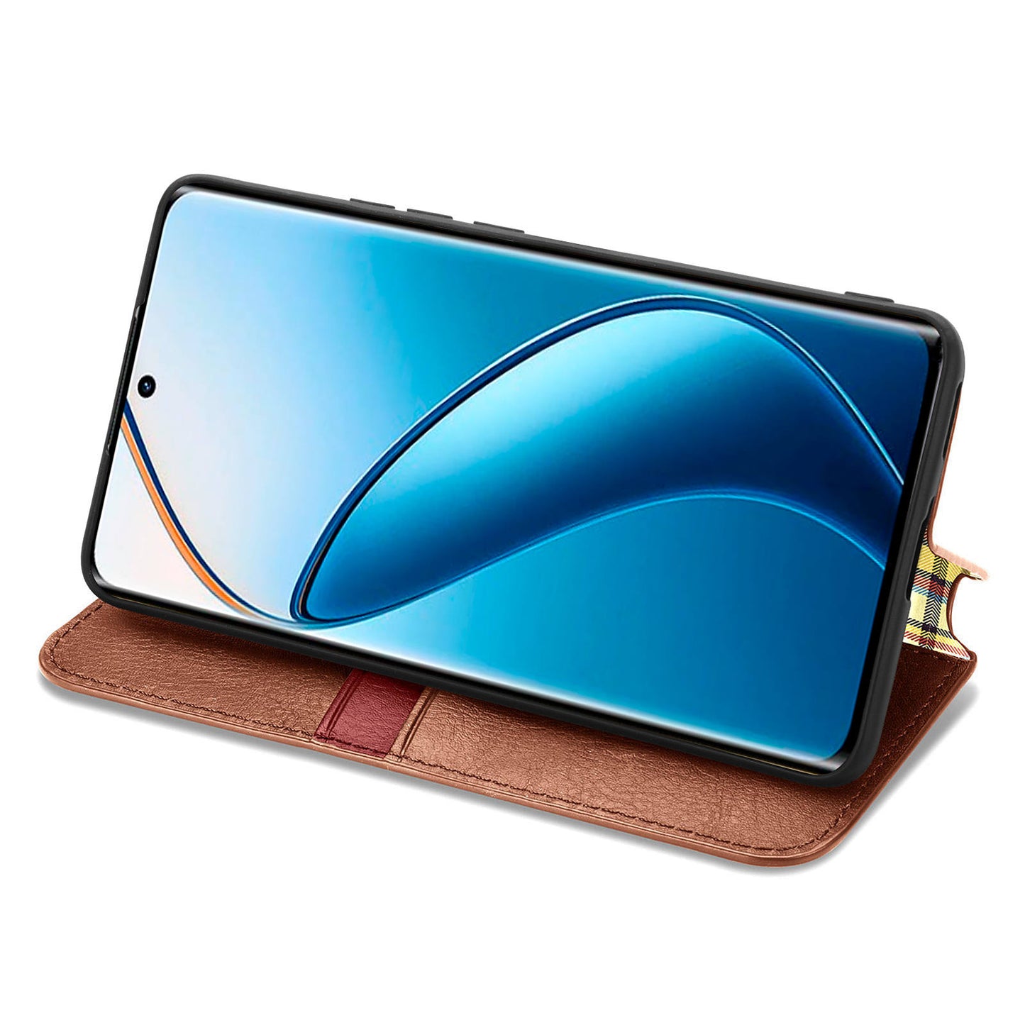 For Realme 12+ 5G Case Stand Wallet Rhombus Leather Phone Cover Magnetic Closing - Brown