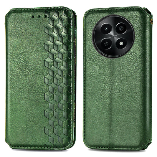For Realme 12 Case Wallet Rhombus PU Leather Stand Flip Phone Cover - Green