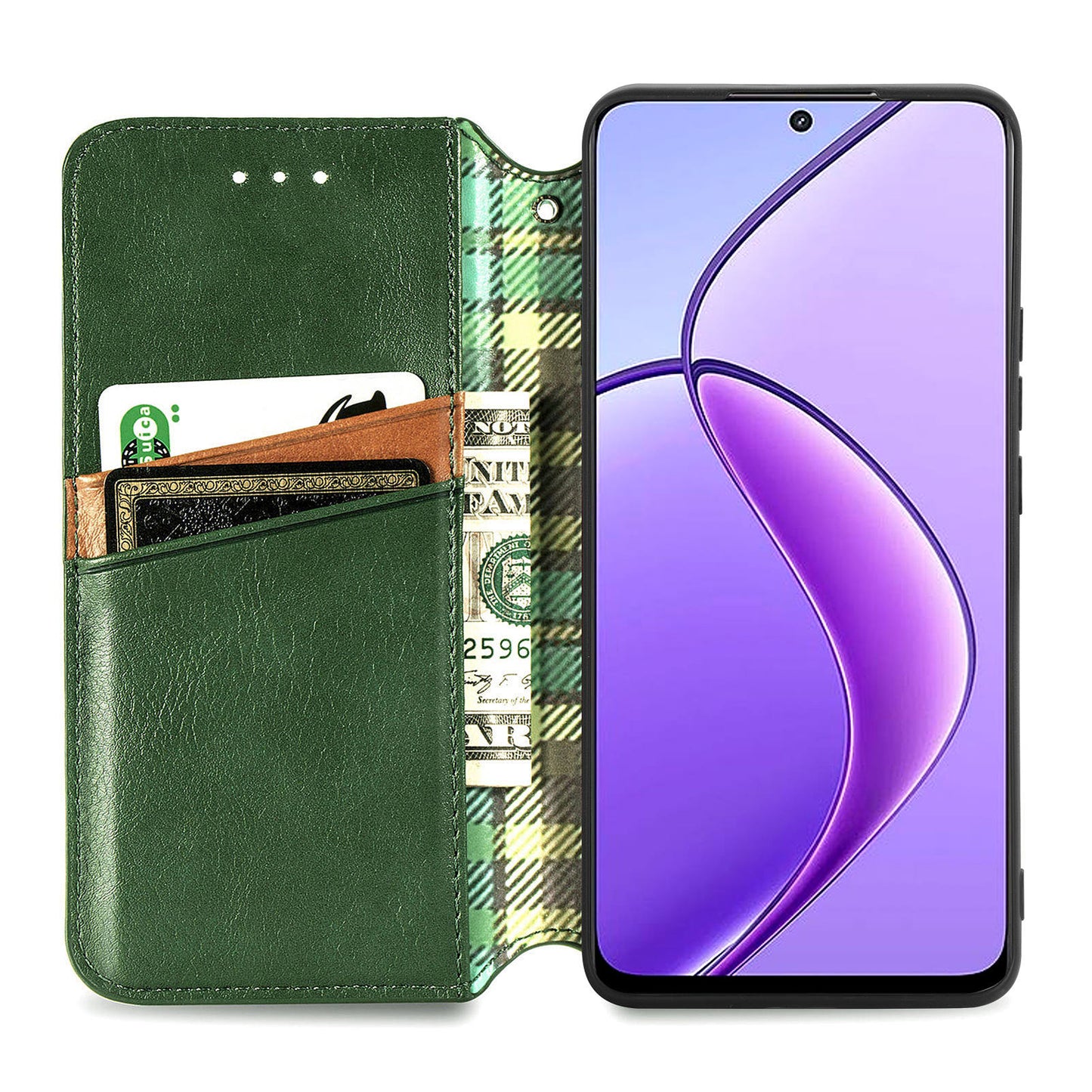 For Realme 12 Case Wallet Rhombus PU Leather Stand Flip Phone Cover - Green