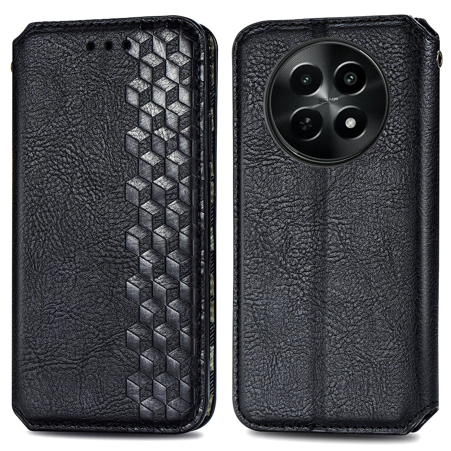 For Realme 12 Case Wallet Rhombus PU Leather Stand Flip Phone Cover - Black