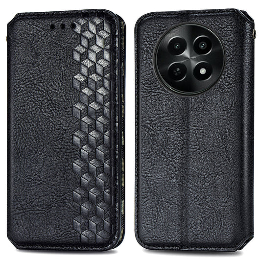 For Realme 12 Case Wallet Rhombus PU Leather Stand Flip Phone Cover - Black