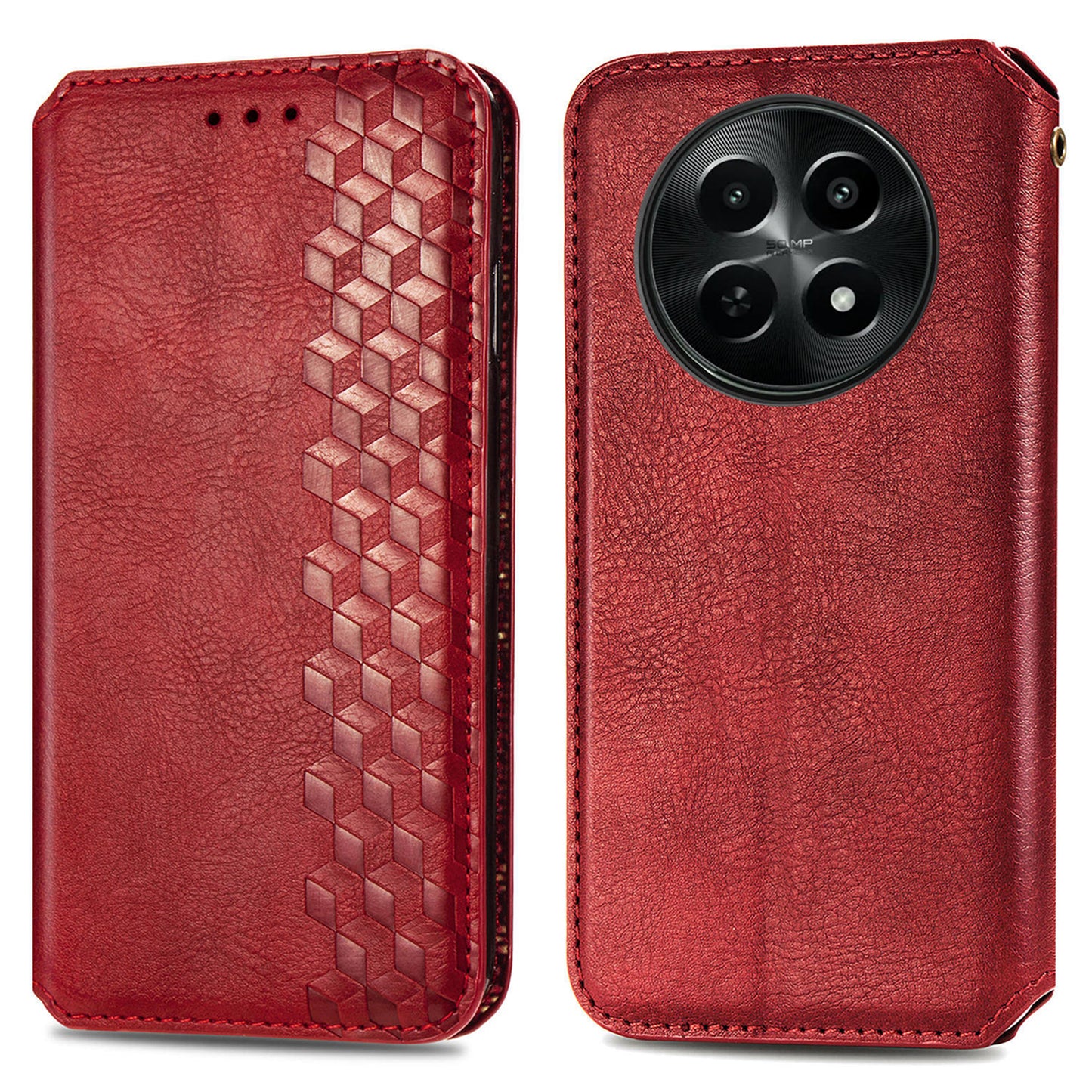 For Realme 12 Case Wallet Rhombus PU Leather Stand Flip Phone Cover - Red