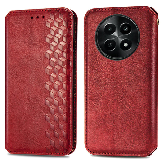 For Realme 12 Case Wallet Rhombus PU Leather Stand Flip Phone Cover - Red