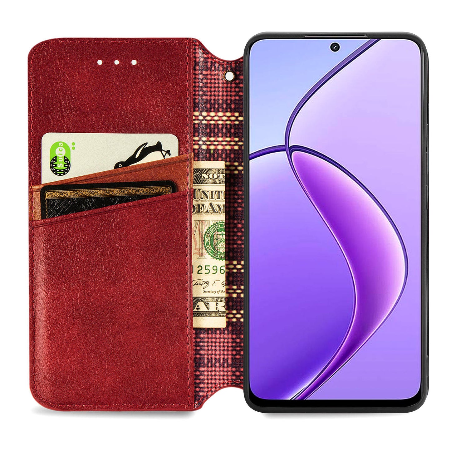 For Realme 12 Case Wallet Rhombus PU Leather Stand Flip Phone Cover - Red
