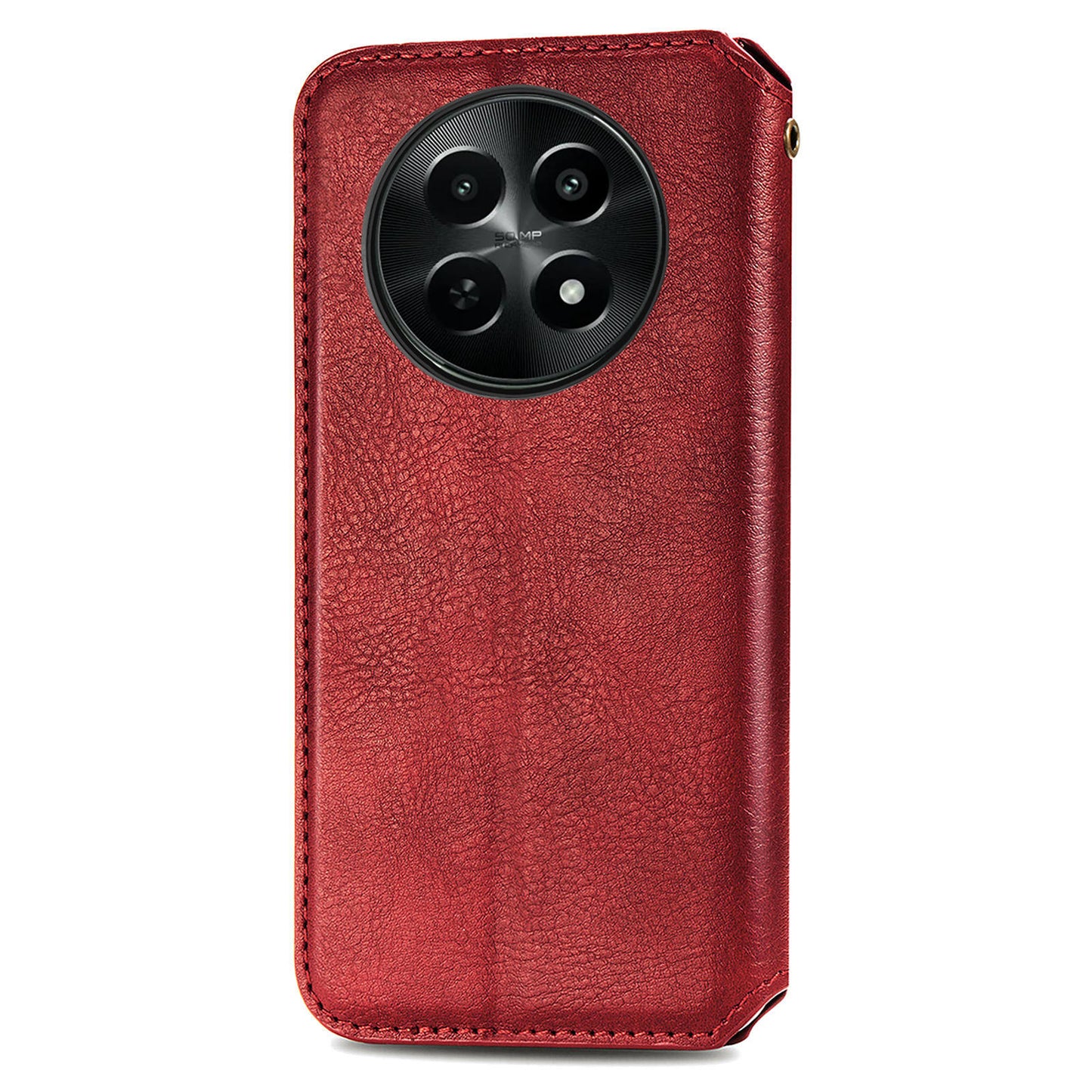 For Realme 12 Case Wallet Rhombus PU Leather Stand Flip Phone Cover - Red