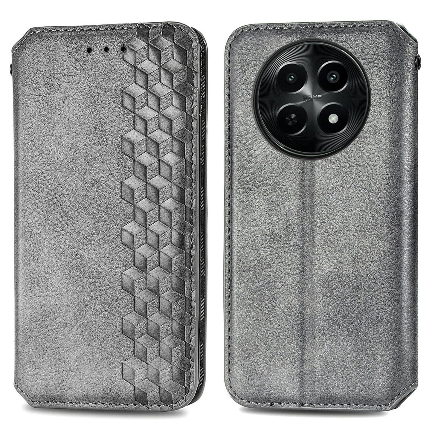 For Realme 12 Case Wallet Rhombus PU Leather Stand Flip Phone Cover - Grey