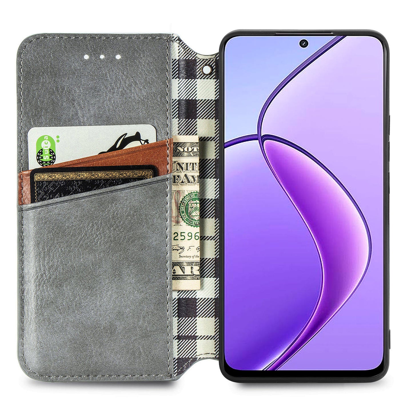 For Realme 12 Case Wallet Rhombus PU Leather Stand Flip Phone Cover - Grey