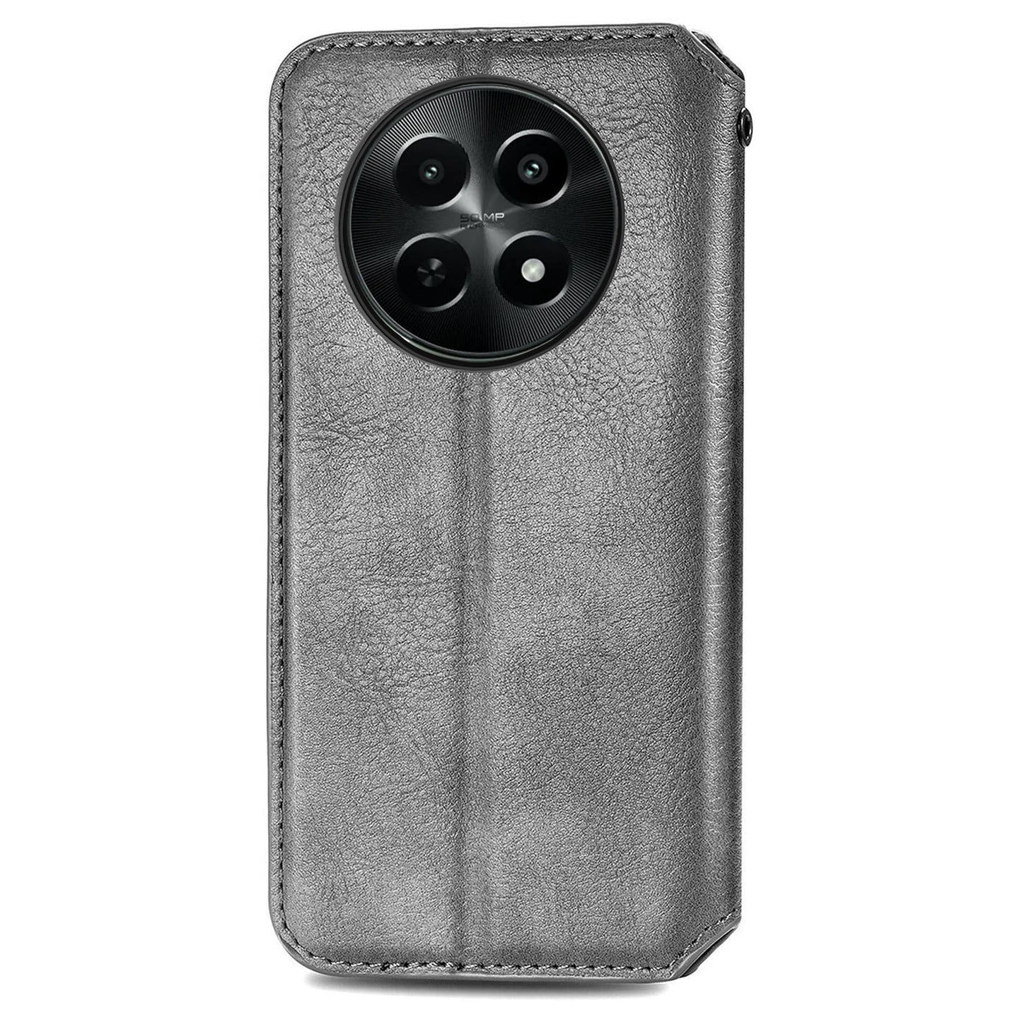 For Realme 12 Case Wallet Rhombus PU Leather Stand Flip Phone Cover - Grey
