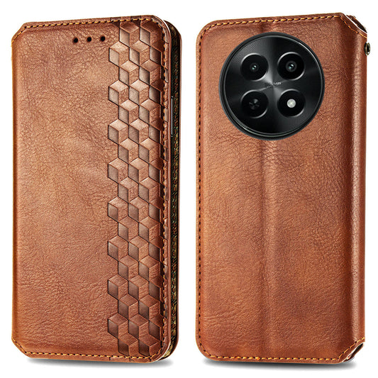 For Realme 12 Case Wallet Rhombus PU Leather Stand Flip Phone Cover - Brown