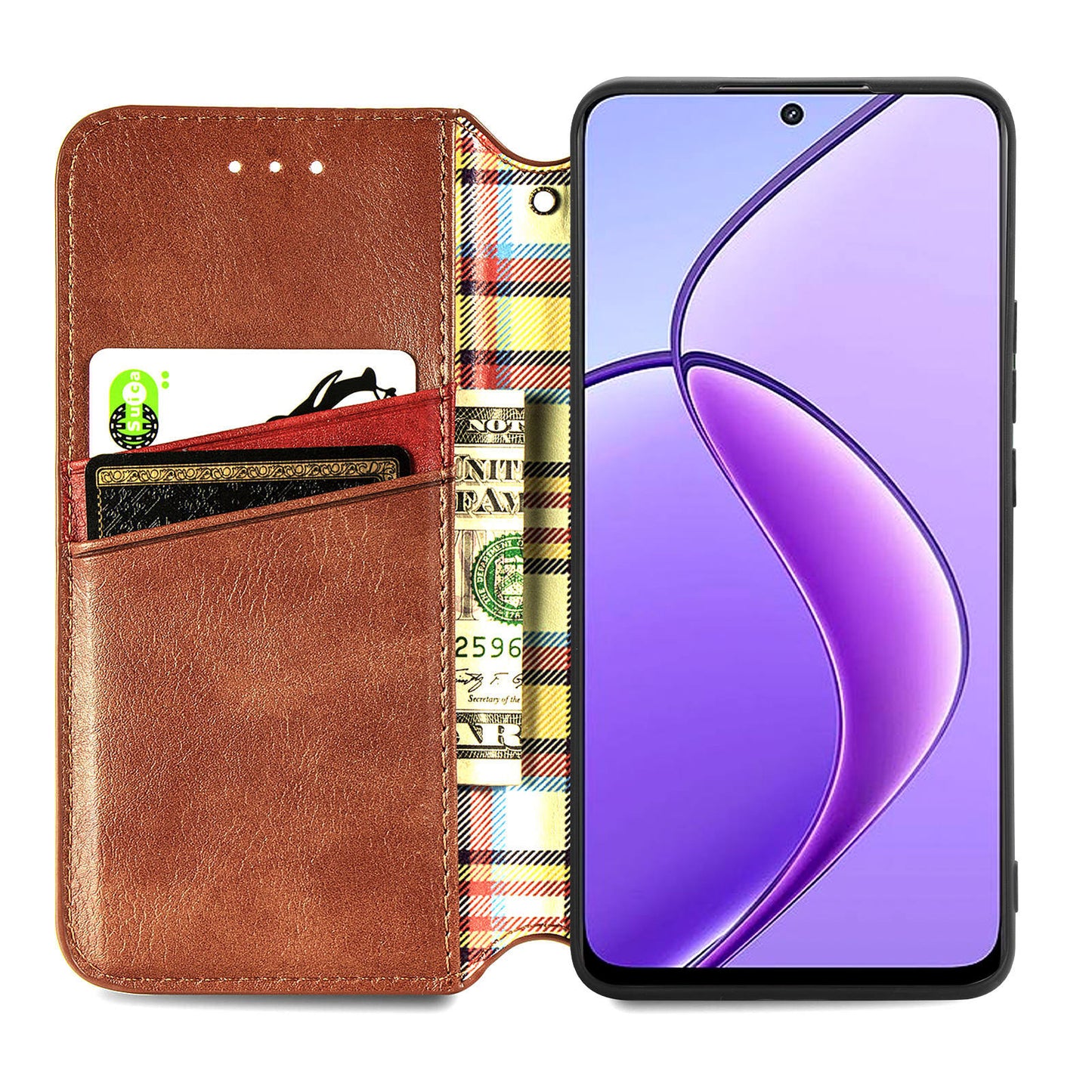 For Realme 12 Case Wallet Rhombus PU Leather Stand Flip Phone Cover - Brown