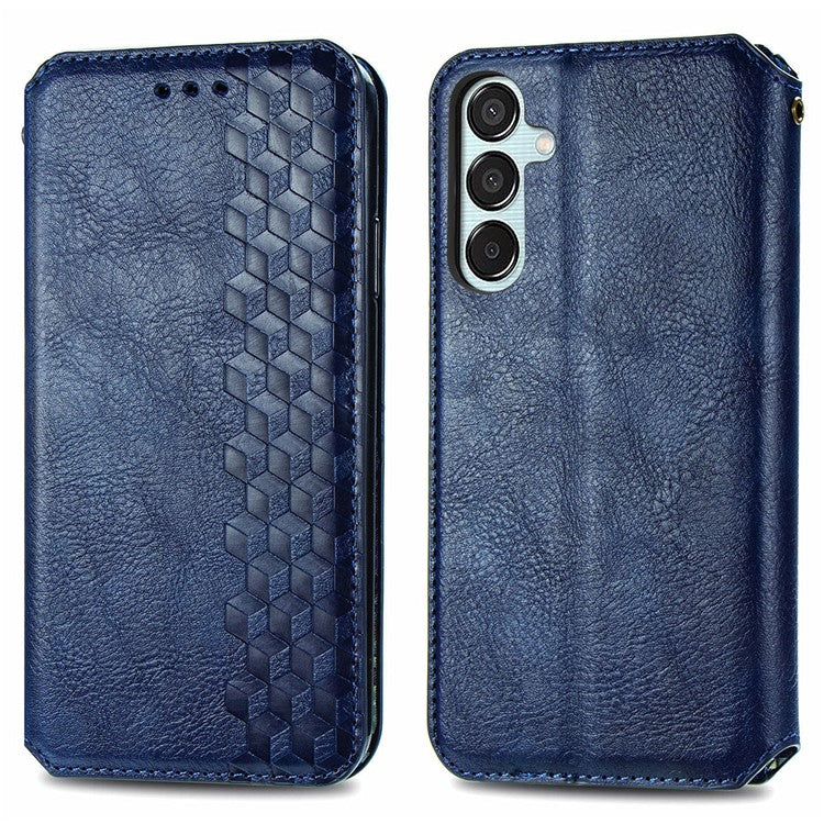 For Samsung Galaxy M15 5G PU Leather Case Rhombus Imprint Wallet Stand Phone Cover - Blue