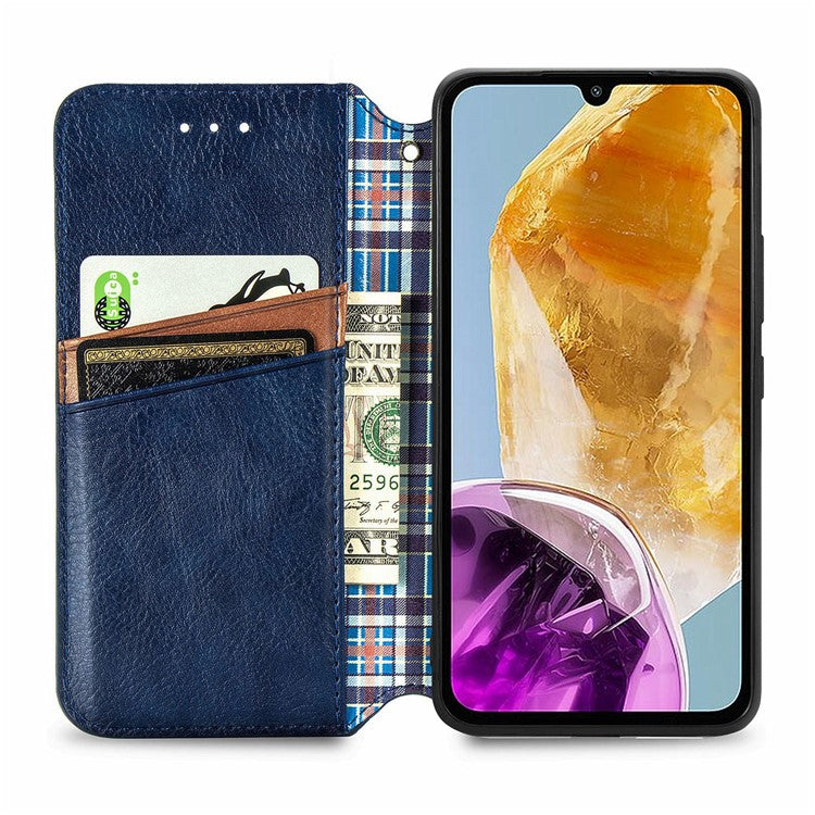 For Samsung Galaxy M15 5G PU Leather Case Rhombus Imprint Wallet Stand Phone Cover - Blue