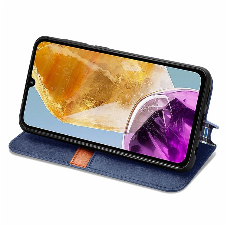 For Samsung Galaxy M15 5G PU Leather Case Rhombus Imprint Wallet Stand Phone Cover - Blue