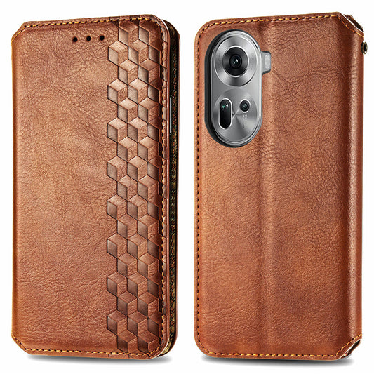 For Oppo Reno11 5G (Global) Case Magnetic Auto Closing Rhombus Wallet Leather Phone Cover - Brown