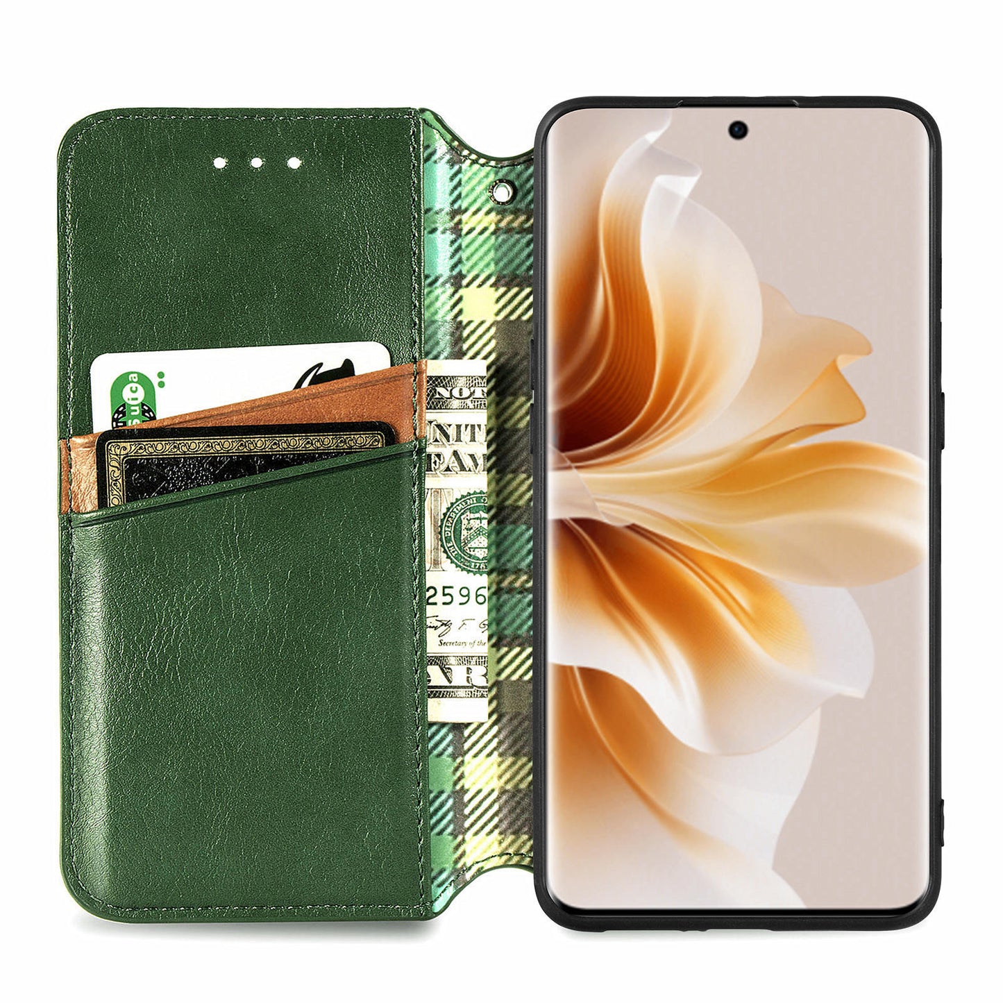 For Oppo Reno11 5G (Global) Case Magnetic Auto Closing Rhombus Wallet Leather Phone Cover - Green