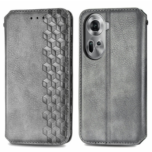 For Oppo Reno11 5G (Global) Case Magnetic Auto Closing Rhombus Wallet Leather Phone Cover - Grey