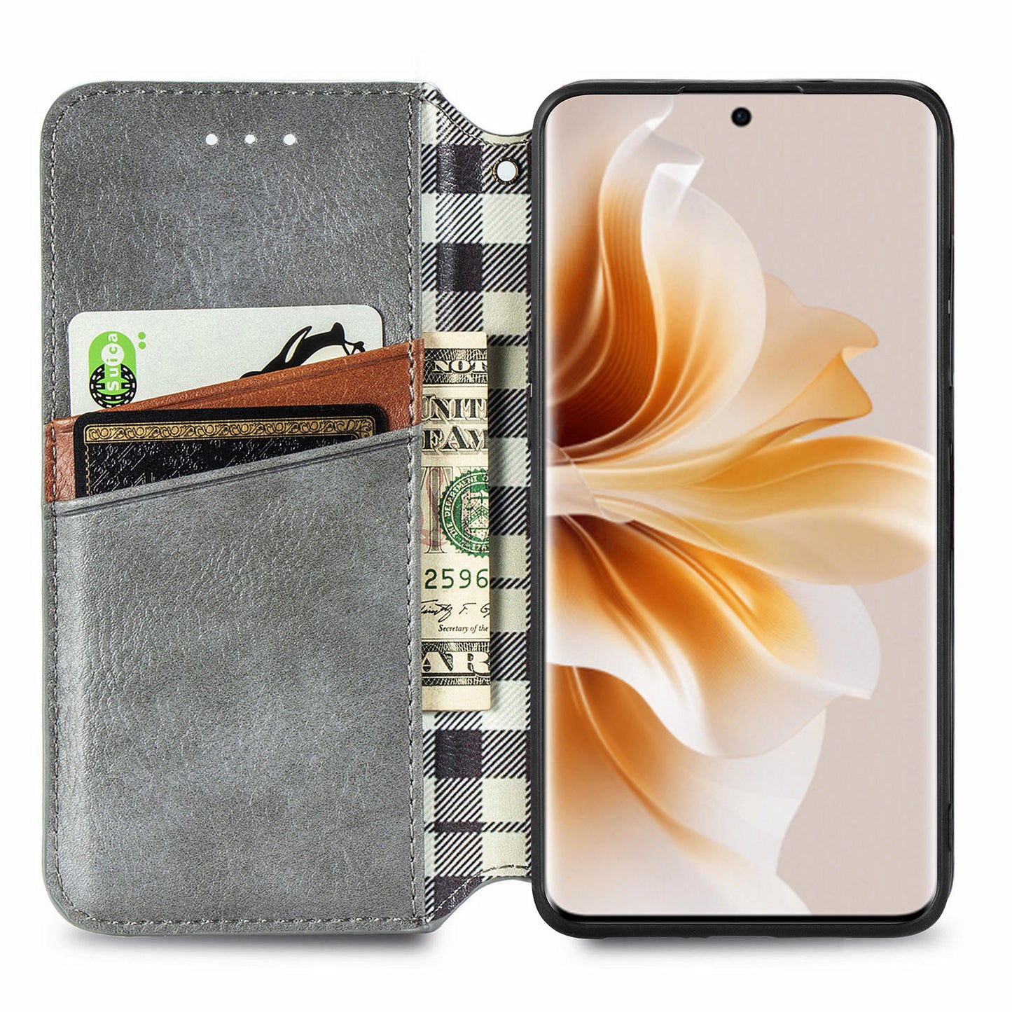 For Oppo Reno11 5G (Global) Case Magnetic Auto Closing Rhombus Wallet Leather Phone Cover - Grey