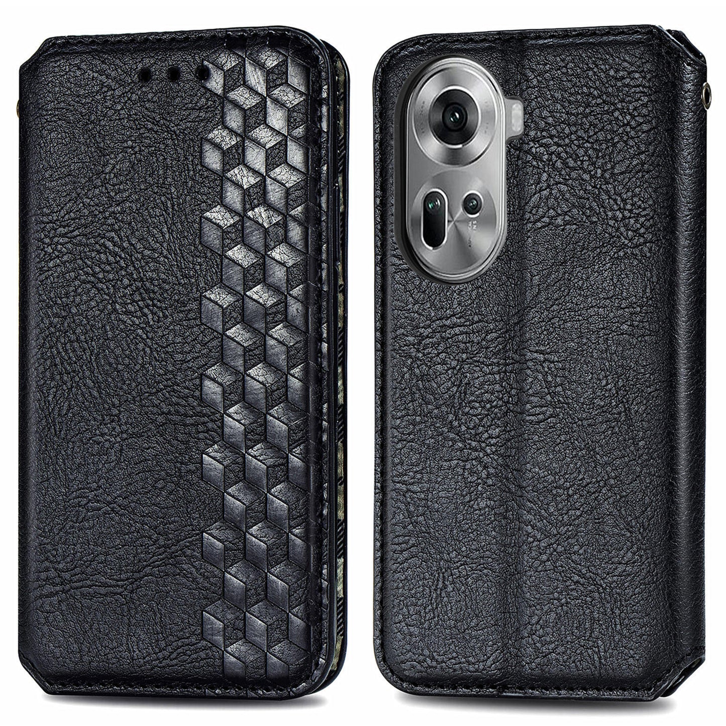 For Oppo Reno11 5G (Global) Case Magnetic Auto Closing Rhombus Wallet Leather Phone Cover - Black