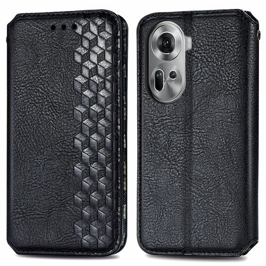 For Oppo Reno11 5G (Global) Case Magnetic Auto Closing Rhombus Wallet Leather Phone Cover - Black