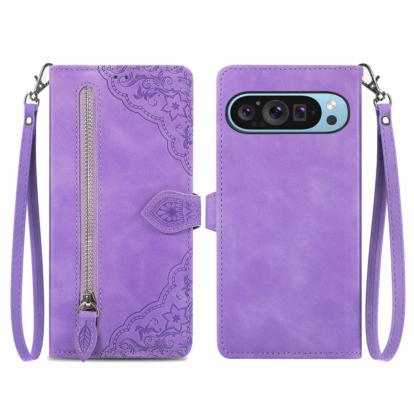 For Google Pixel 9 Anti-fall Leather Case Zipper Wallet Stand Flip Phone Cover - Light Purple